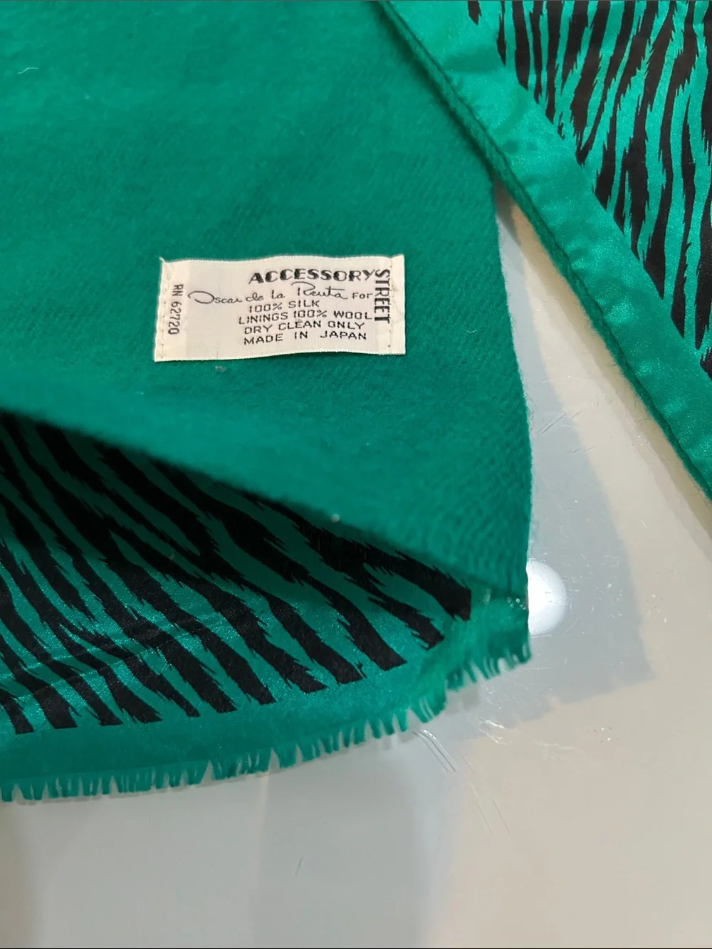 Vintage gorgeous Green and Black Zebra Print Scarf silk wool Oscar De la Rena